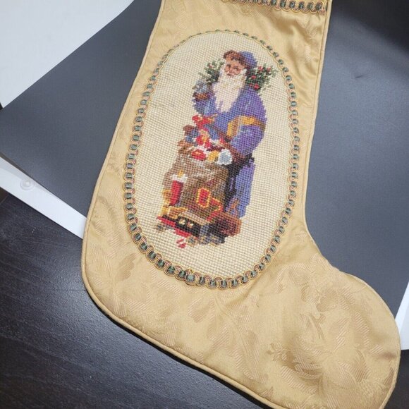 VTG Father Christmas Needlepoint Stocking Wool Handmade Santa Claus St. Nick - Picture 2 of 4